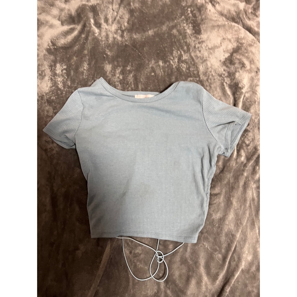 Timing Womens Light Blue Ribbed Open Back Tie Hem Crop Top Size Medium